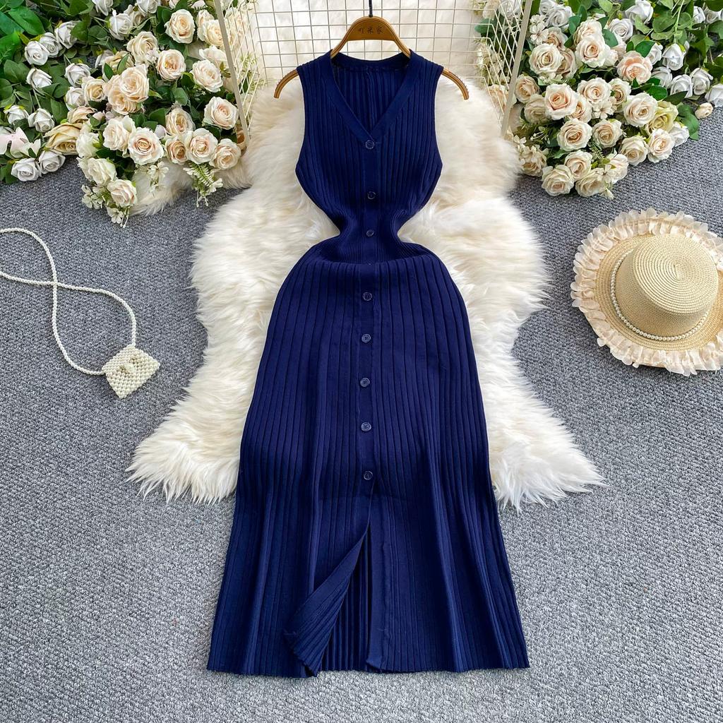 New Summer Solid Round Neck Sleeveless Sweater Knitted Dress for Women Casual Simple Single-breasted Elastic Bottoming Knitwear Dresses