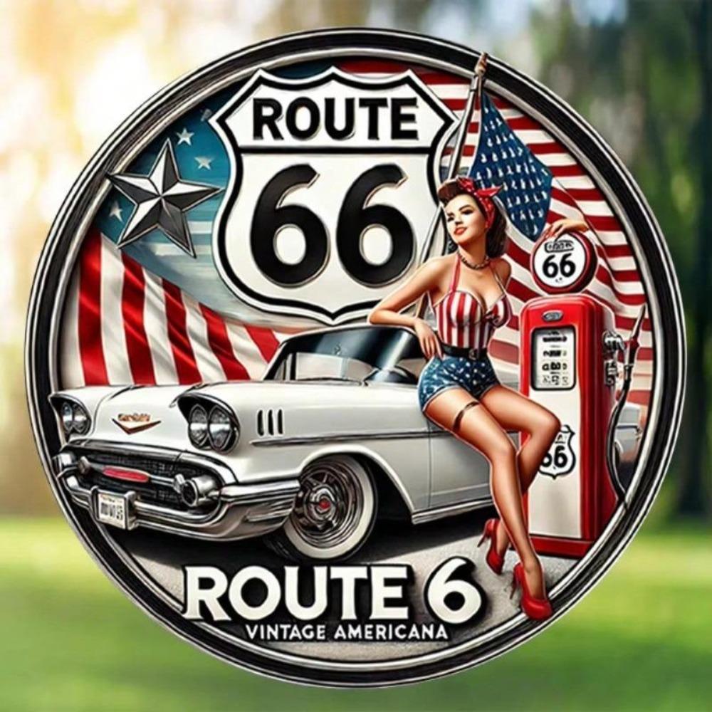 Vintage Route 66 Metal Tin Sign 8 Inch Round Car Wall Decor