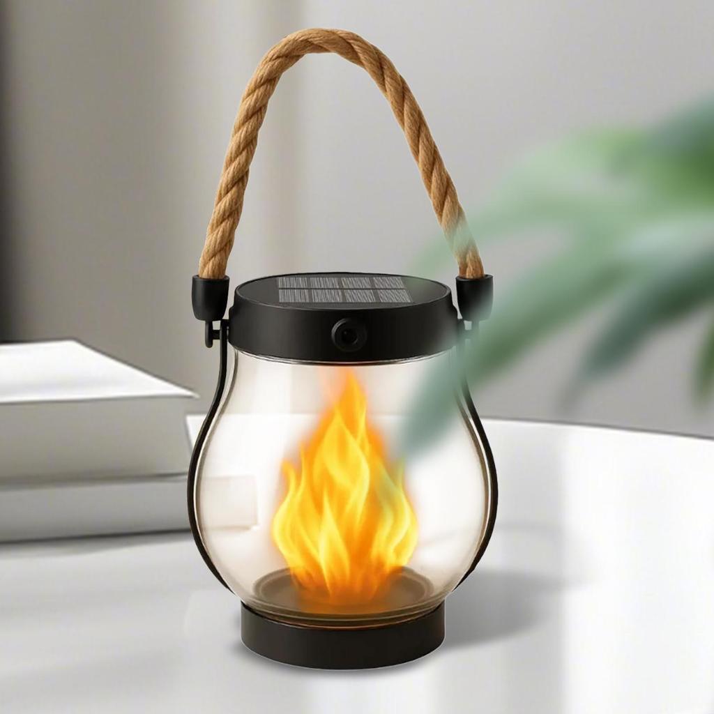 Halloween Flickering Flame Garden Lights Solar Lantern Outdoor Lights with Dancing Flames Hemp Rope Hanging Flickering Lights