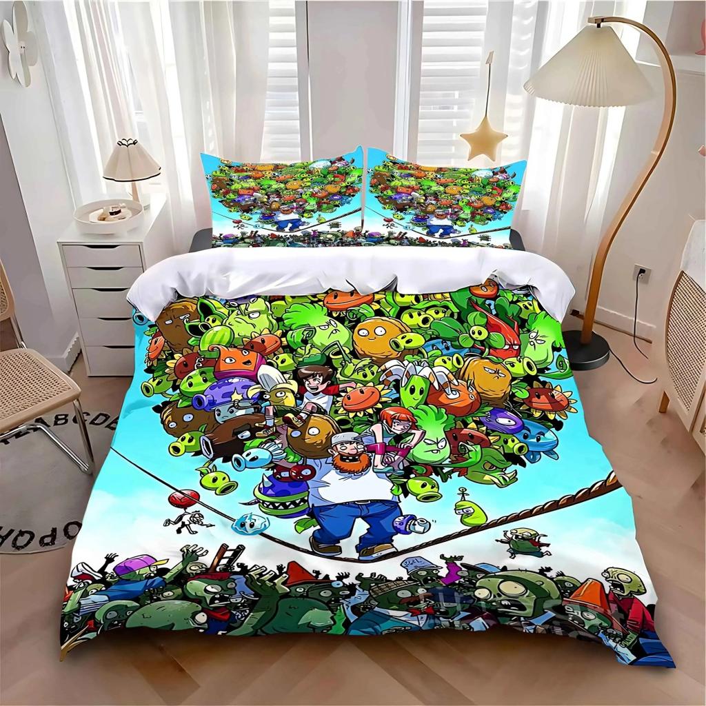 2026 NEW Game Plants Vs Zombie Cute Cartoon Pillowcase Quilt Cover Anime PVZ Sunflower Peashooter Set Bedding Birthday Gift