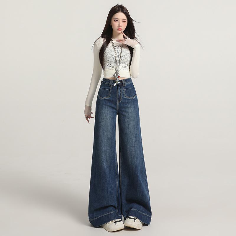 American wide-leg slightly pulled jeans women's autumn high waist drape niche front pocket hips wide-leg flared pants