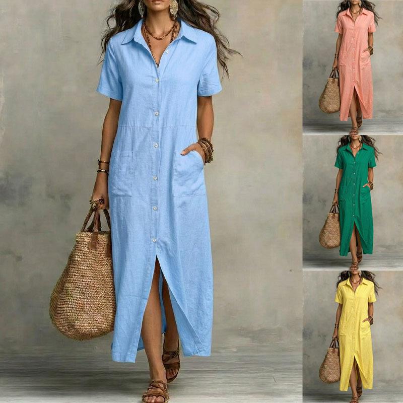 Vestido Camisa Largo Casual de Manga Corta con Cuello Solapa, Botones y Bolsillo para Mujer