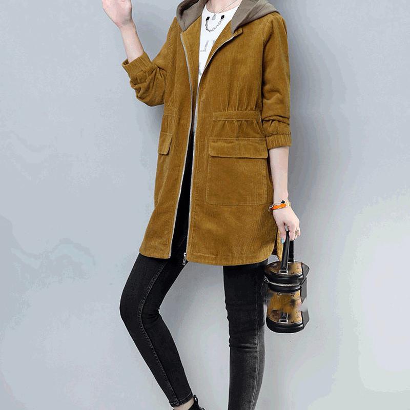 Corduroy Hooded Jacket Women Spring Autumn Loose Windbreaker Casual Zipper Long Outwear
