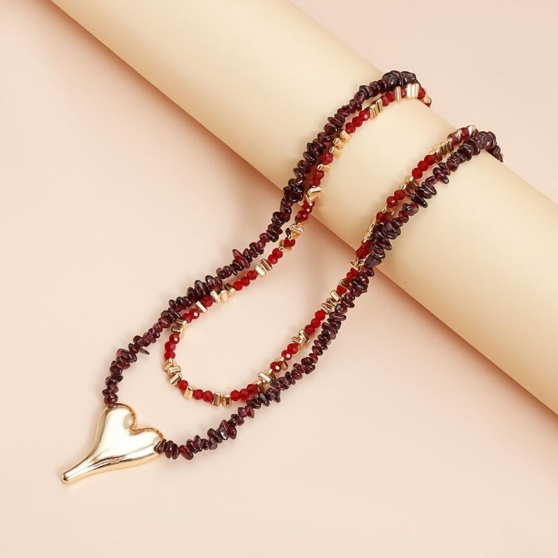 Fashionable Natural Stone Heart Pendant Necklace Adjustable Length Neckchain Lightweight Jewelry For Casual Or Party