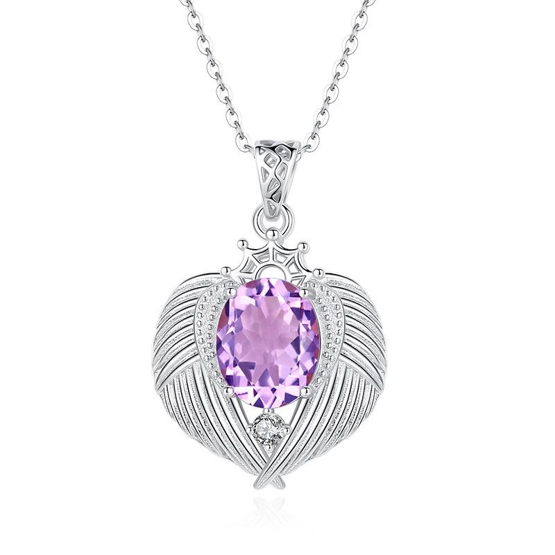 Natural Color Treasure Crystal Stone Angel Wings Pendant S925 Sterling Silver Necklace Women's Premium Clavicle Chain