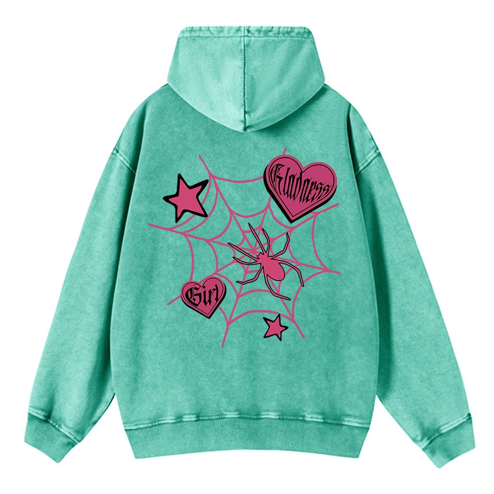 Vintage Womans Acid Wash Hoodies Spider Star Prints Streetwears Pocket Oversize Cotton Pullovers Autumn Winter Streetwear