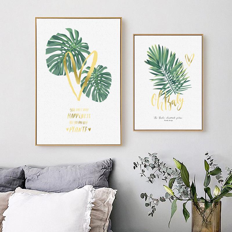 Abstrakte Aquarell Tropische Frische Blätter Goldenes Herz Liebesbrief Leinwandmalerei Wandbild für Zuhause Schlafzimmer Dekor