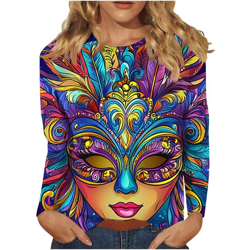 New Mardi Gras Women Men Long Sleeve T Shirt 3d Printed Mask Graphic T-shirt Carnival Spring Casual Outdoor Vacation Streetwear