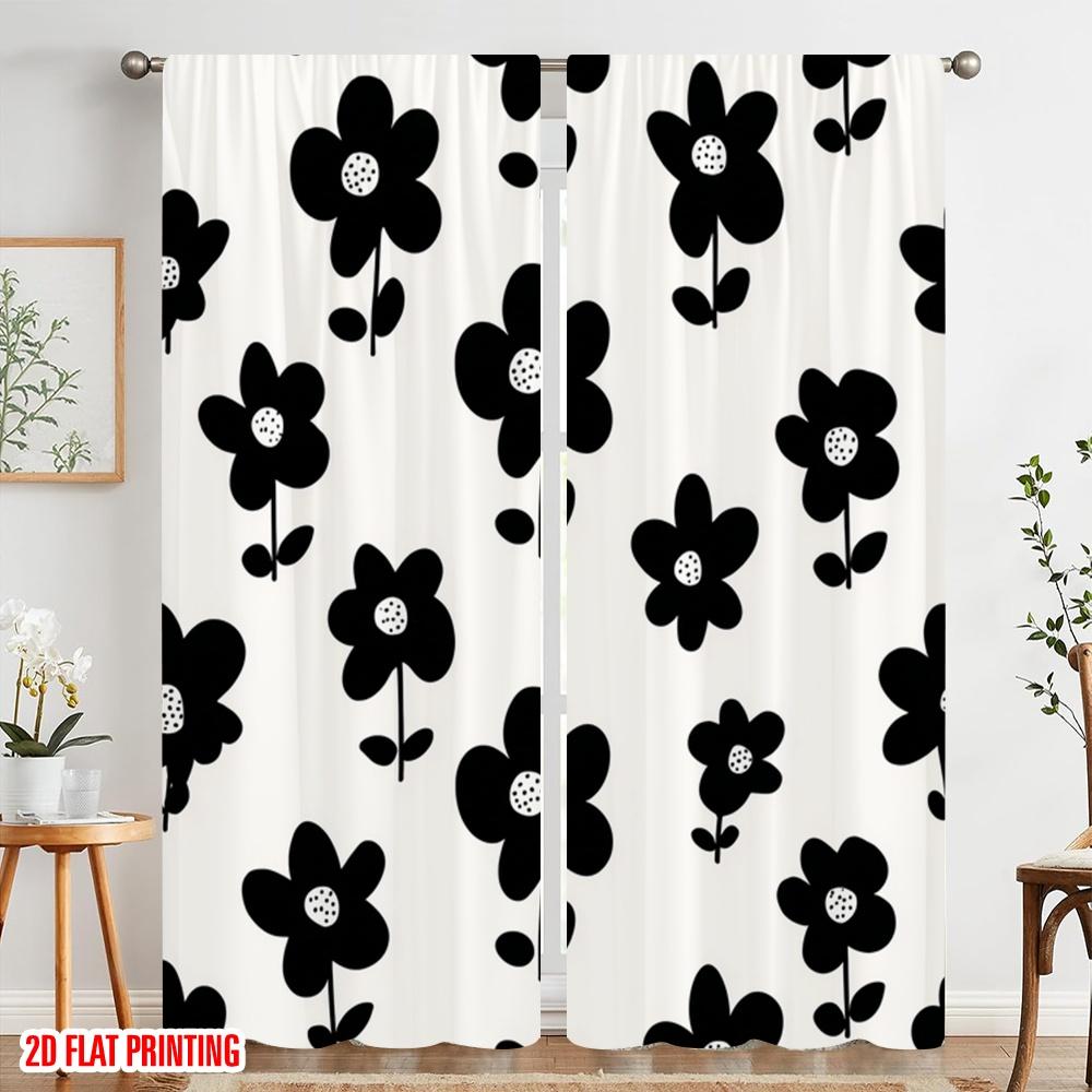 2pcs,2D plane printing Minimalist Curtains Black Floral Silhouette Design Versatile Durable Polyester (without rod) Room Decor
