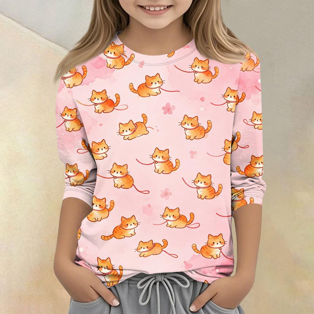 Kids Animal Print Crew Neck 3/4 Sleeve Casual T Shirt Soft Fabric Comfortable Fit Lightweight Design Suitable for Everyday Wear