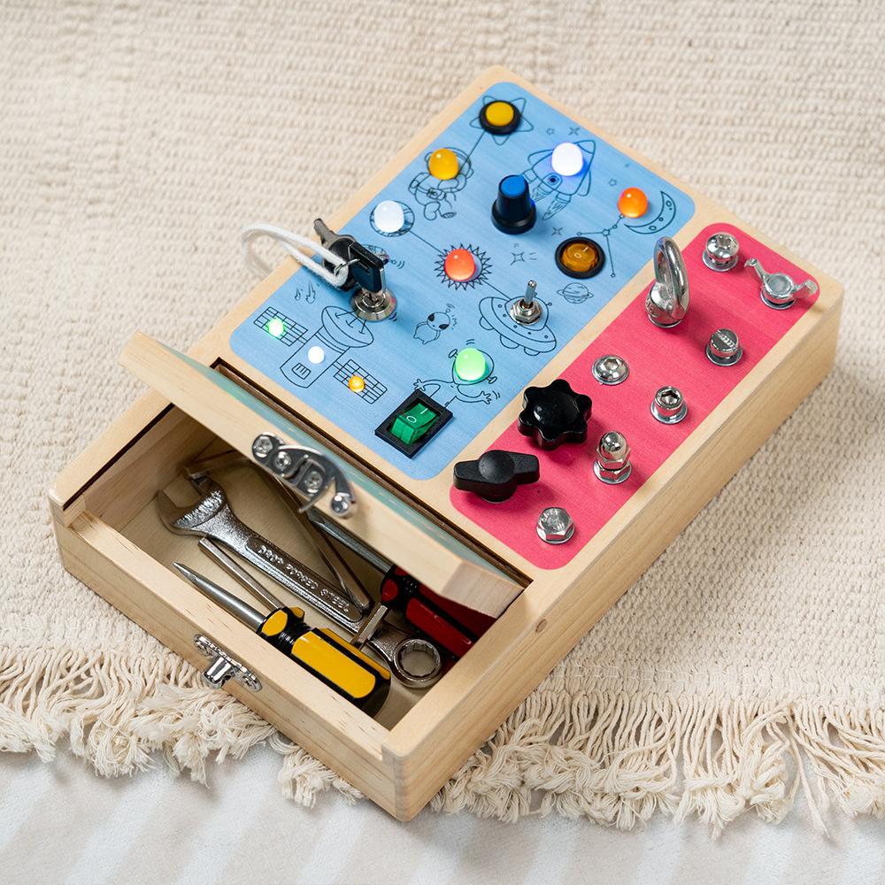 Children'S Wooden Led Switch Busy Board Disassembly And Assembly Screw Nut Tool Cart Montessori Early Education Educational Toy