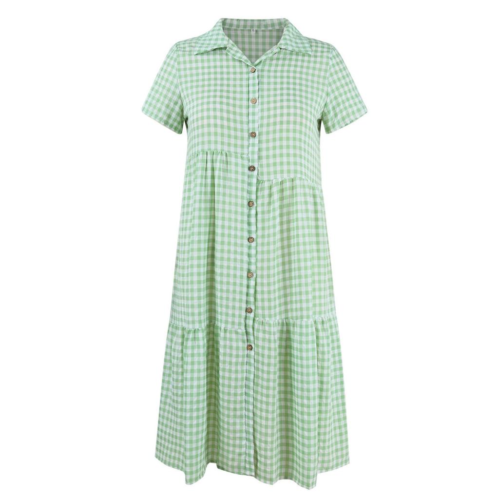 Women's Fashion Design Plaid Dress Shirt Collar Casual Skirt