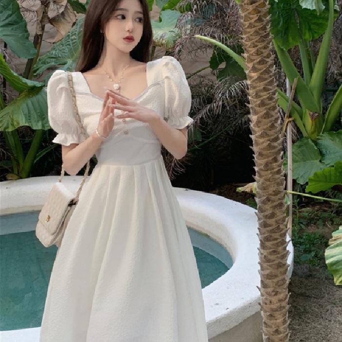 

[Original fabric + lining] Muse Fan temperament dress a-word skirt new Korean version square collar medium and long skirt 2XL білий