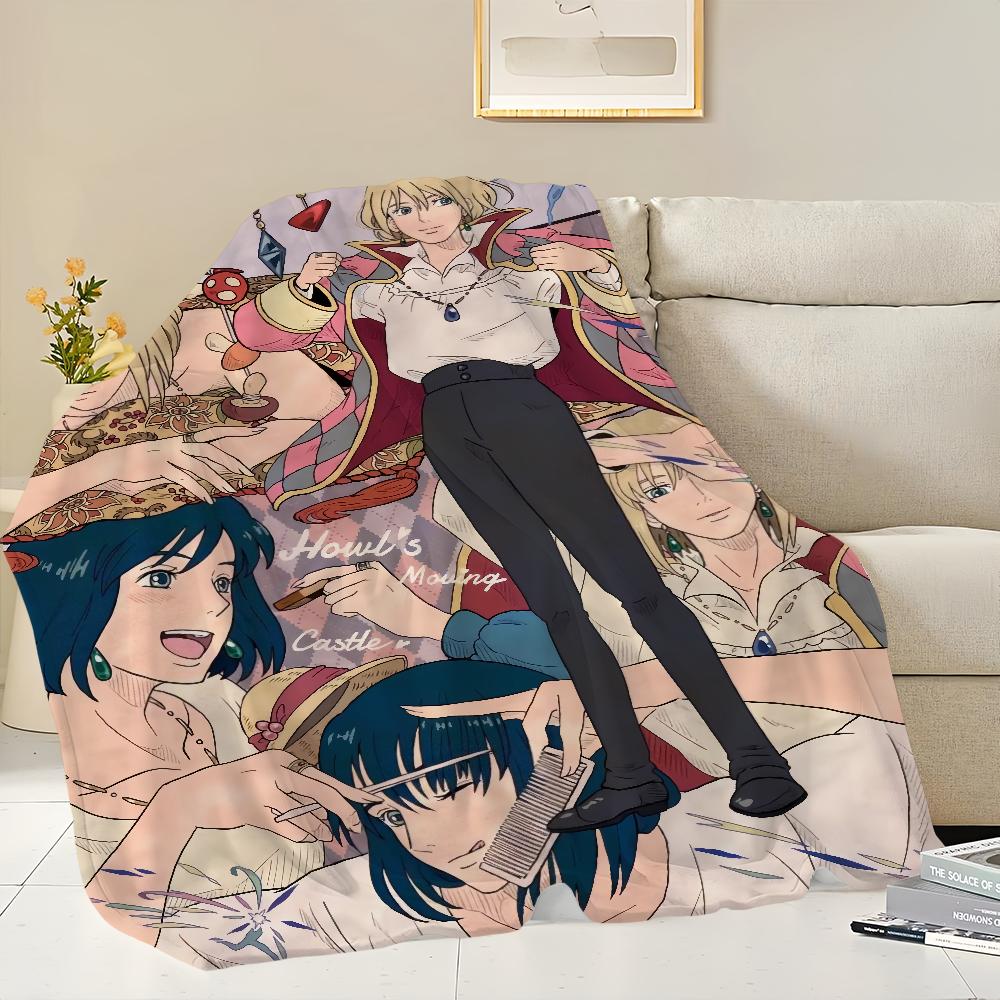 Anime film comfort warm soft plush blanket for sofa living room h-Howl's office bedroom travel Flannel gift m-Moving c-Castle