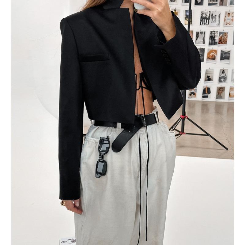 Blazer Outerwear da Donna Nero Corto con Collo Alto a Manica Lunga per il Pendolarismo