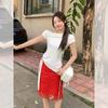 Korean pure desire slanted shoulder fungus edge design short-sleeved T-shirt women's summer new strap splicing top