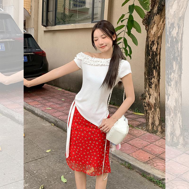 Korean pure desire slanted shoulder fungus edge design short-sleeved T-shirt women's summer new strap splicing top