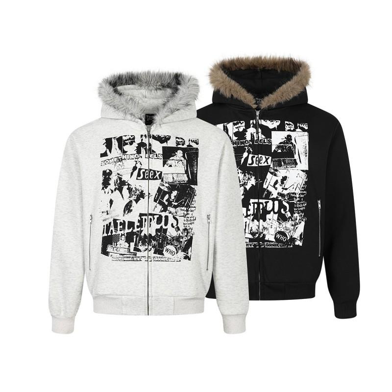 Magic Bear American Retro Street Rock Fleece Hooded Zip Sweatshirt Casual Jacket Teens