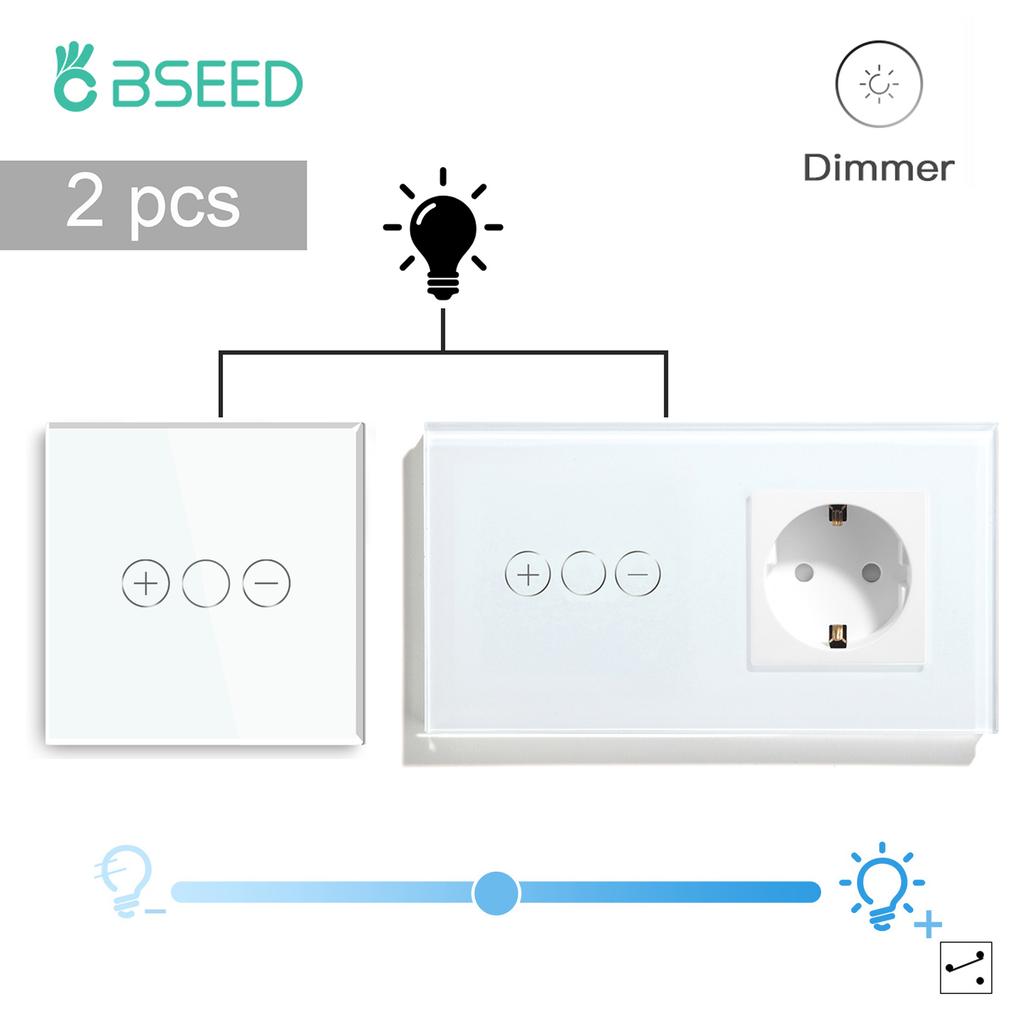 BSEED LED Touch Dimmer Schalter Wanddimmer 1-fach 2-Wege Sensor Schalter Plus EU Steckdosen USB Typ-c Gehärtetes Glas Wasserdicht 2er Pack