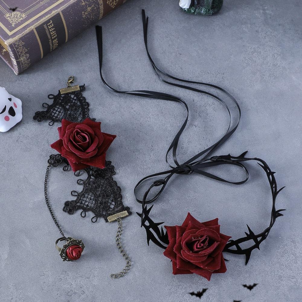 Bracelet Halloween Necklace Exaggerated Gothic Earrings Lace Flower Jewelry Set Halloween Costume
