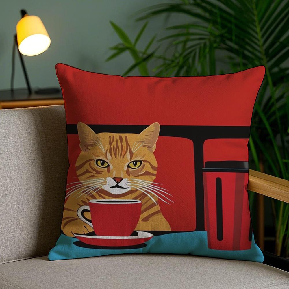 Bop Style Coffee Cats Cushion Cover Plush Fabric Soft Double-Sided Printed Invisible Zipper Sofa Pillow Case Home Decor