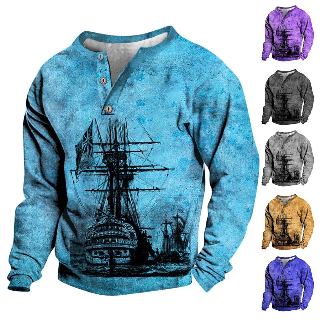 Pullover mit V-Ausschnitt für Herren, 3D-Digitaldruck, Stehkragen, 3 Knöpfe, Vintage-Kragen