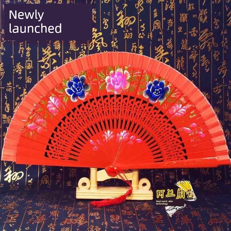 Double-Sided Easy-Open Folding Fan, Group Performance Fan, Retro Fan for Show, Dancing, Bright Red Model Dance Fan, Chinese Style