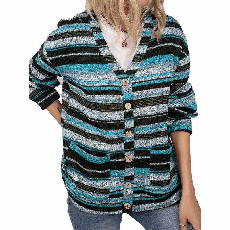 Damen S V-Ausschnitt Strick Knopf Tasche Cardigan Pullover Langarm Top