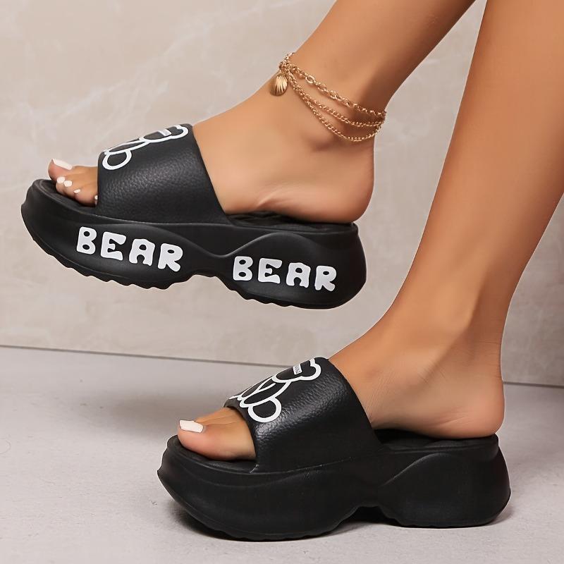 Letter & Cute Bear EVA Sandals, Women's Platform Soft Sole Home Walking Slides, Wear-resistant Holiday Slides