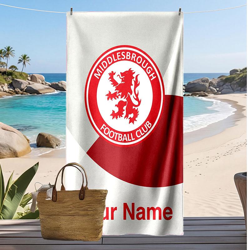 Asciugamano da Spiaggia Stampato Personalizzato Middlesbrough FC Logo Calcio Supporto Nome Personalizzato Testo Asciugamano Assorbente Per Sport Viaggio Regalo Speciale