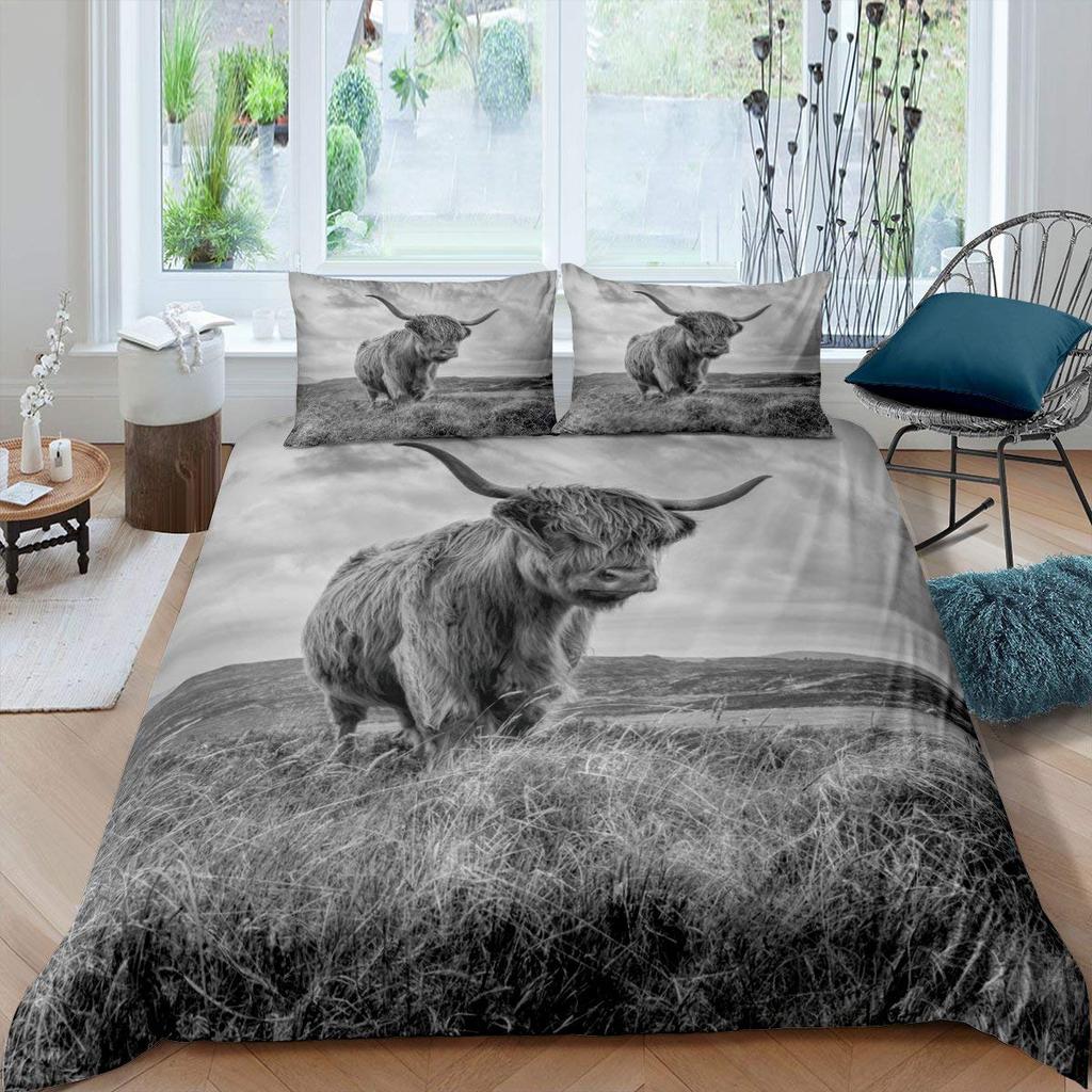 Highland Cow King Queen Duvet Cover Bull Bedding Set For Adults Cattle 2/3pcs Quilt Cover Farm Animal Polyester Comforter Cover