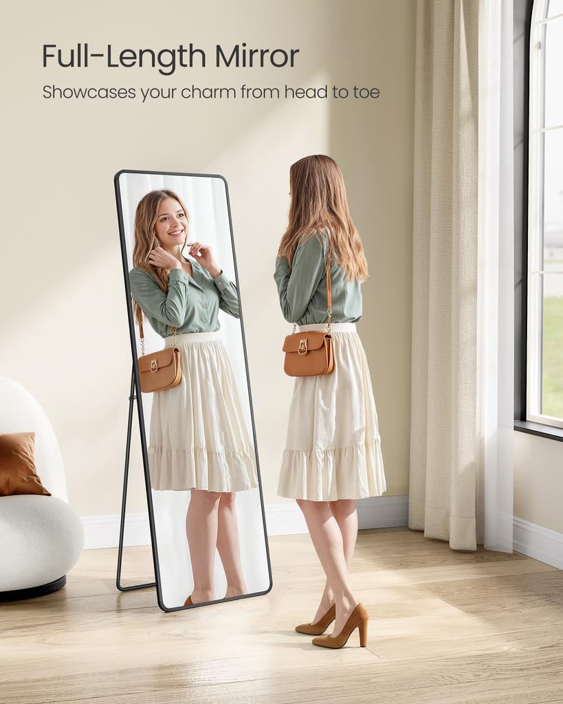 SONGMICS Full Length Mirror, 150 X 40 Cm, Rectangle Full Body Mirror with Stand, Aluminium Alloy Frame, Tempered Glass, for Bedroom, Living Room