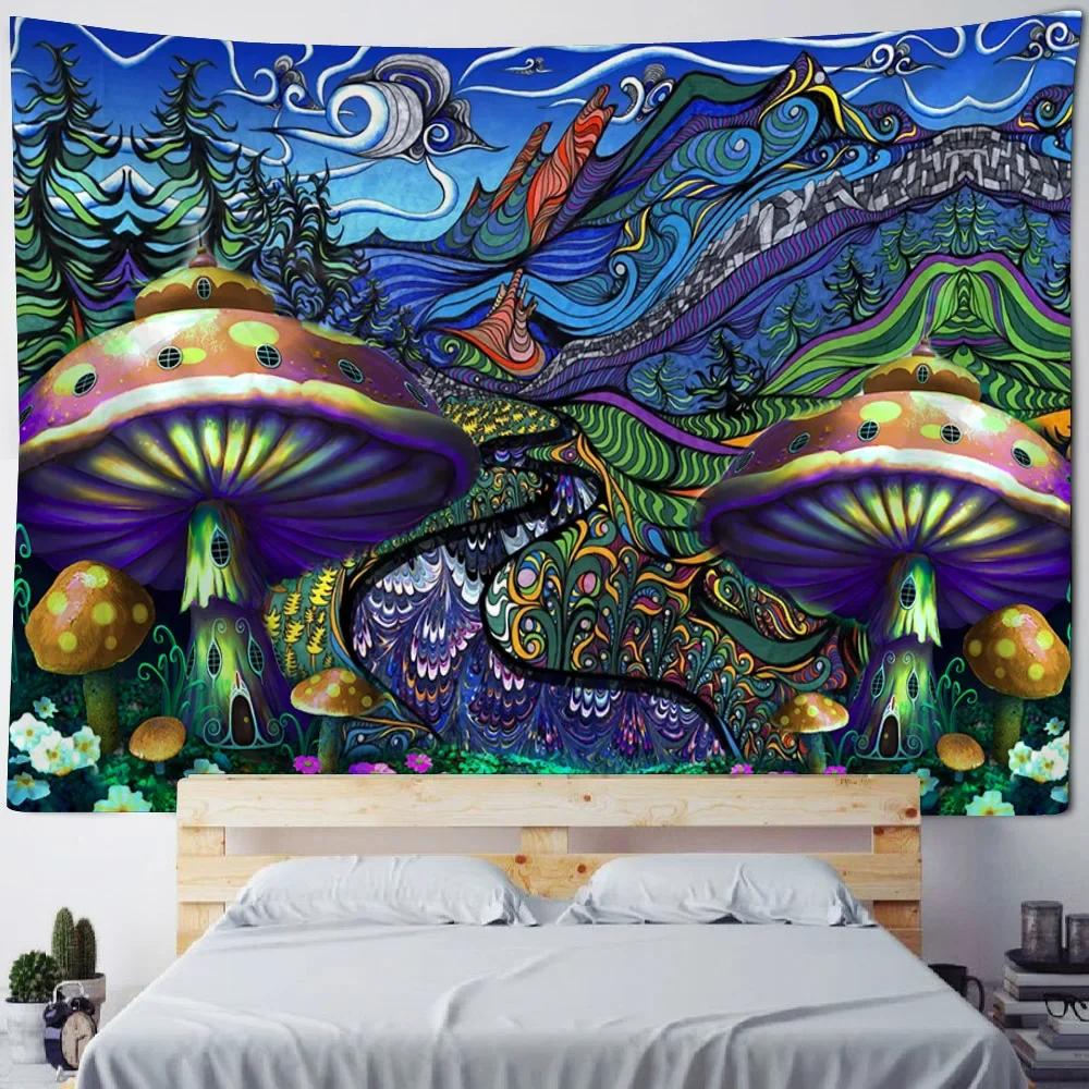 3D Mushroom Forest Printed Tapestry Hippie Wall Hanging Cloth psychedelic Scene Background Poster Bohemian Room Decoration
