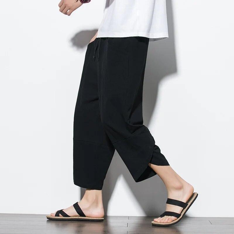 Linen Pants for Men Baggy Large Pocket Cropped Oversize Trousers Loose Harem Casual Pants Male
