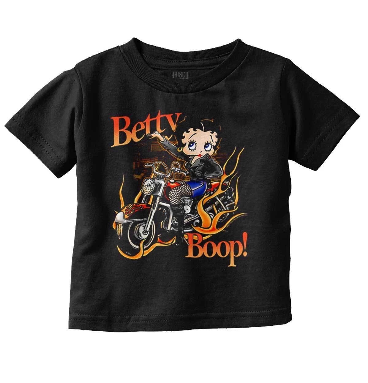 Biker Betty Boop Flaming Motorcycle Cartoon Toddler Girl Youth T Shirt For Kids XS