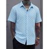 Mens Jacquard Short Sleeve Lapel Casual Check Fashion Shirt
