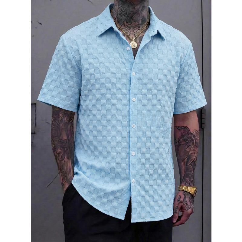 Mens Jacquard Short Sleeve Lapel Casual Check Fashion Shirt