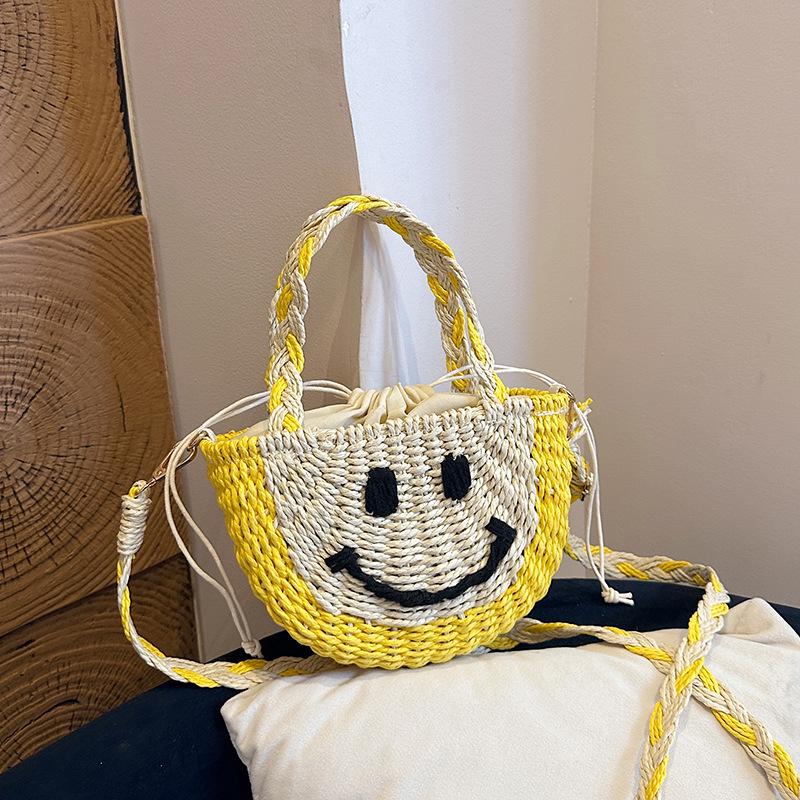 Korean Color Block Smiley Woven Bag - Versatile Casual Basket for Beach & Everyday Use