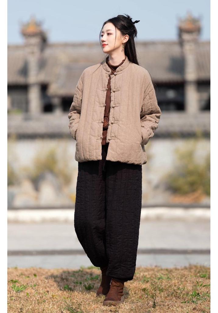 New Arrival: Women's Winter Zen Padded Quilted Jacket - Chinese Retro Style, Thickened Cotton & Linen Blend
