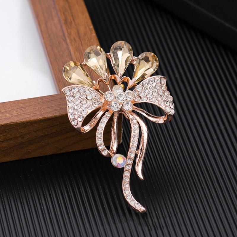 A52E Elegant Flower Brooch Metal Rhinestones Embellished Women Accessory Practical