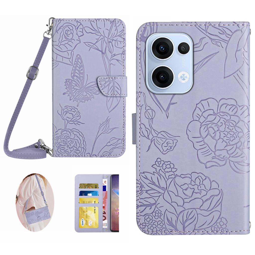 For Oppo Reno13 5G (Global) Case Butterfly Flower Imprint Leather Phone Cover with Shoulder Strap