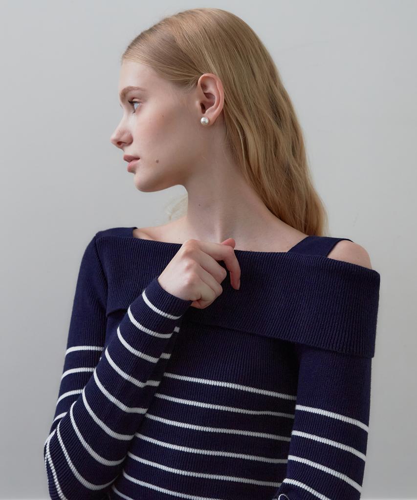 ZEROSTREET [3 Colors] Striped Asymmetrical Off-Shoulder Sweater