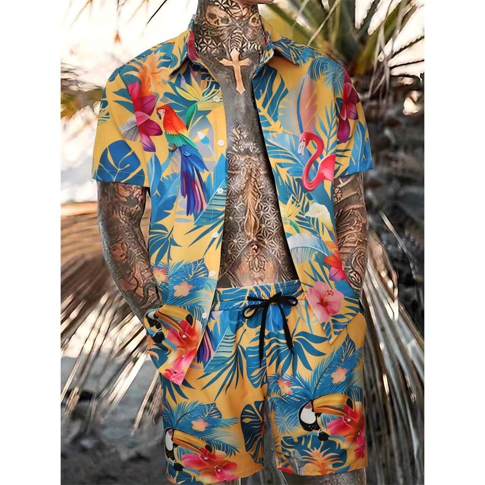 Men's New Hawaiian Short-Sleeved Shirt Shorts Set Summer Daily Travel Shirt Beach Casual Drawstring Shorts Jungle Print Set