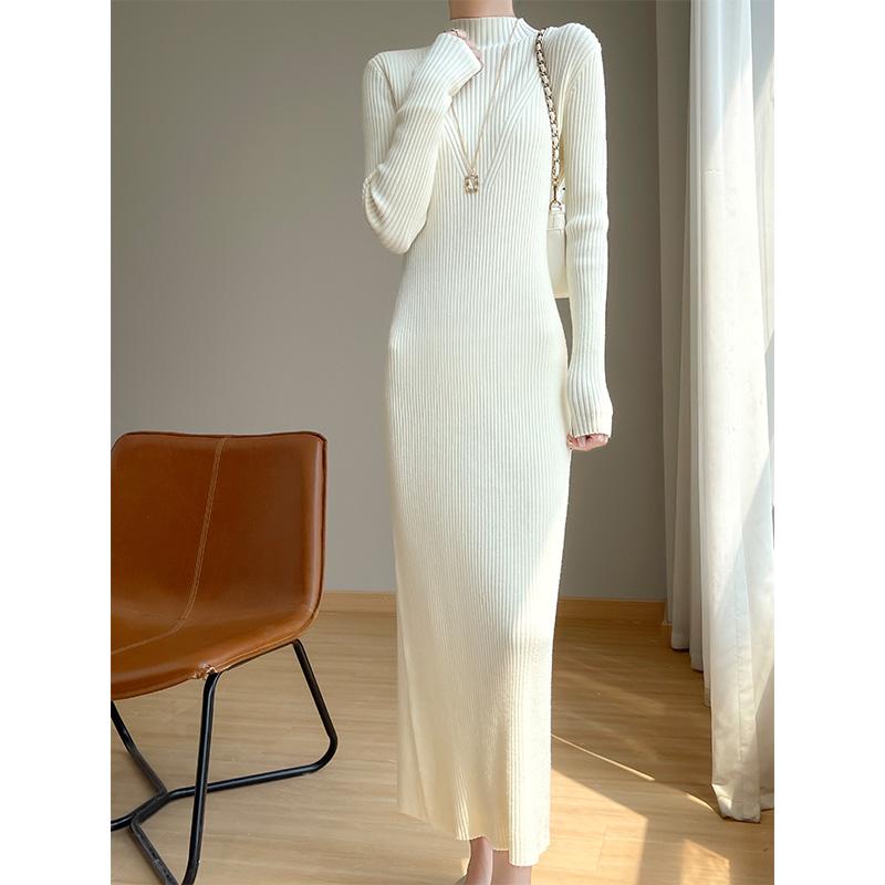 New Autumn/Winter Slimming Knit Dress for Women - Half-High Neck, Figure-Flattering, Long Length Bodycon Skirt