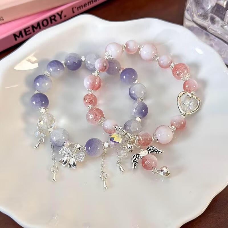 Simple Purple Popcorn Crystal Bracelet For Women Girls Korean Ins Butterfly Feather Tassel Bracelets Friendship Jewelry Gifts