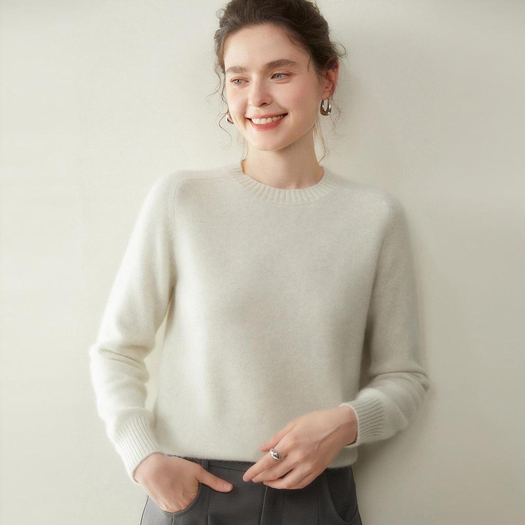 Damen Kaschmir Pullover mit Rundhalsausschnitt - Herbst/Winter Kollektion 2025, Sattelschulter, Verdickt, Uni-Farben, Lockere Passform, Figurschmeichelnde Strick-Basis.