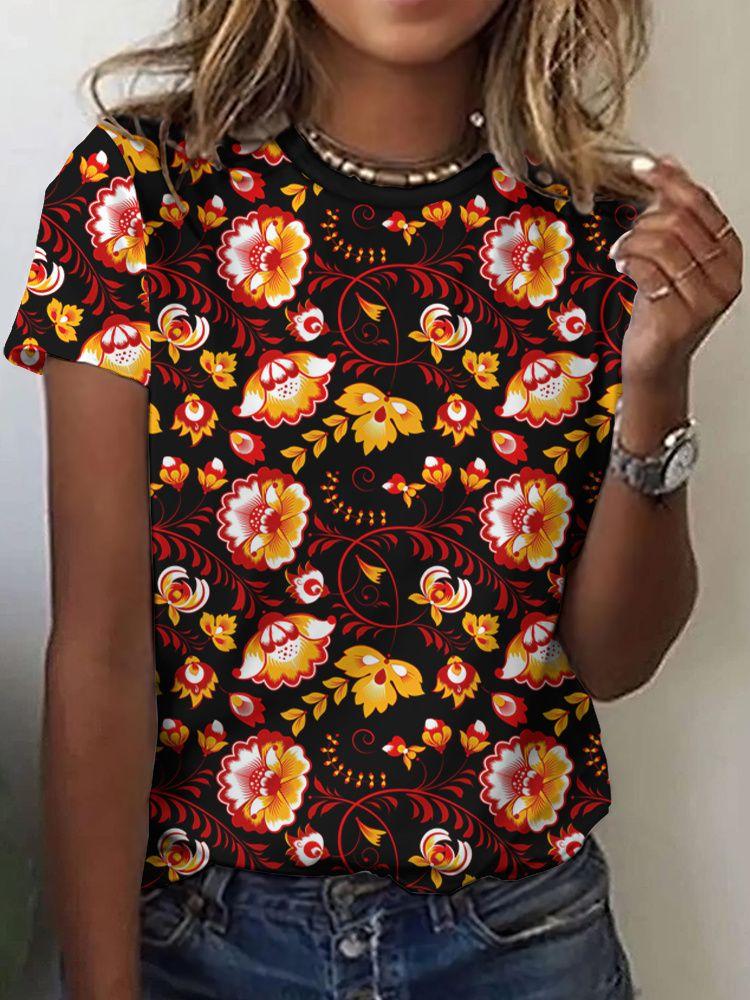 Summer Ethnic Floral 3D Print T-Shirts Women's Streetwear Round Neck Short Sleeve T Shirt Tees Harajuku Y2K Tops Female Clothing