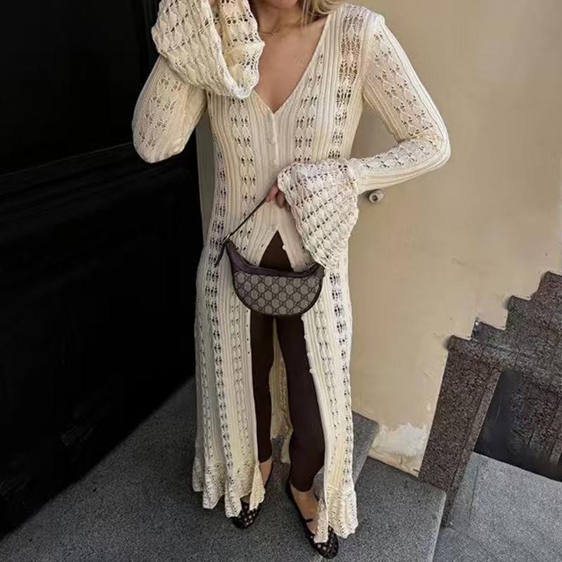 A New Solid-color Long Knitted Cardigan with Hollowed-out Flared Sleeves and A Laid-back V-neck Women's Blouse