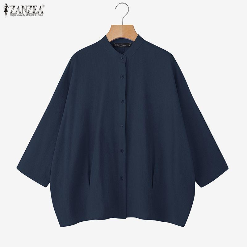 ZANZEA Women Casual Round Neck Solid Color Loose Long Sleeve Cotton Blouse