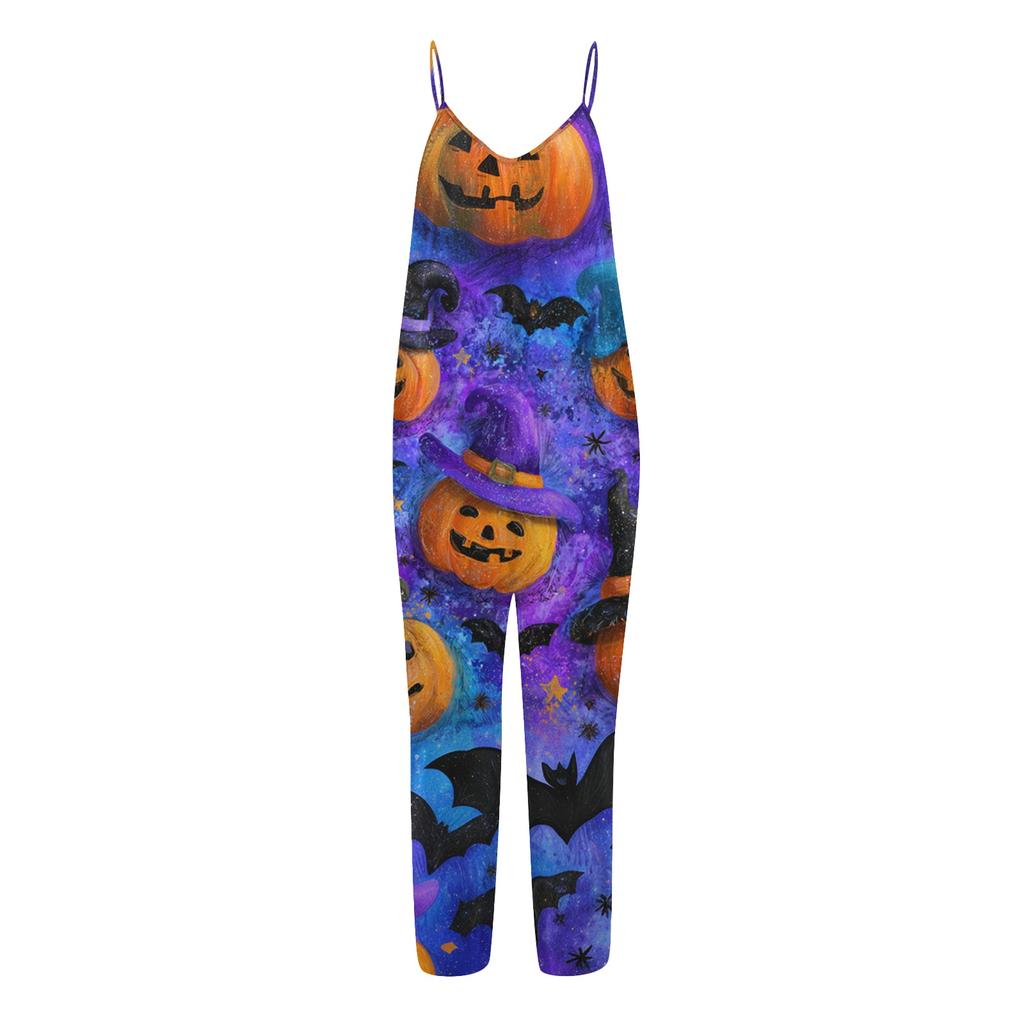 Women Halloween Printed Loose Jumpsuit Casual Sleeveless Wide Leg Romper Comfortable Fit for Seasonal Wear
